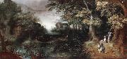 Claes Dircksz.van er heck A wooded landscape with huntsmen in the foreground,a town beyond oil painting reproduction